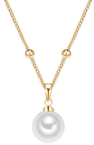 Lulu & Jane Damen Kette Messing gelbgold | gelbvergoldet 14 Karat, Ankerkette, Muschelkernperle, ca. 9,0 mm, weiß, rund, Karabinerverschluss
