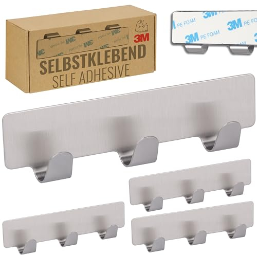RICOO Hakenleiste mit 3 Haken, Handtuchhaken ohne Bohren, 4 Stück, Kleiderhaken Selbstklebend, MH020-4, Badezimmerhaken, 12 cm, Klebehaken, Wandhaken, Haken zum Kleben, Edelstahl, Silber