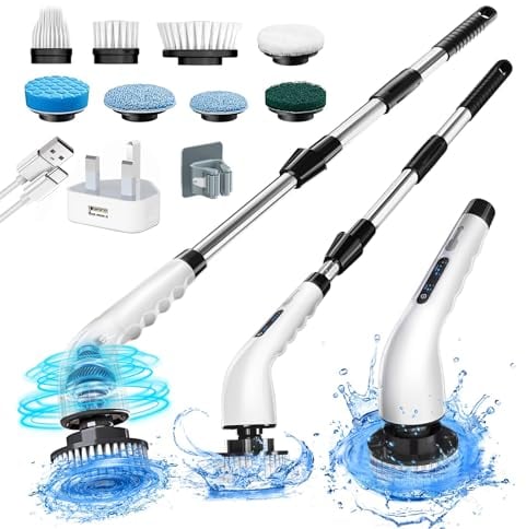 Electric Spin Scrubber,Shower Scrubber Cordless Cleaning Brush with 8 Replaceable Brush Heads and Squeegee,Adjustable Extension Handle 2 Speeds Electric Cleaning Brush for Bathroom,Tub,Tile,Kitchen
