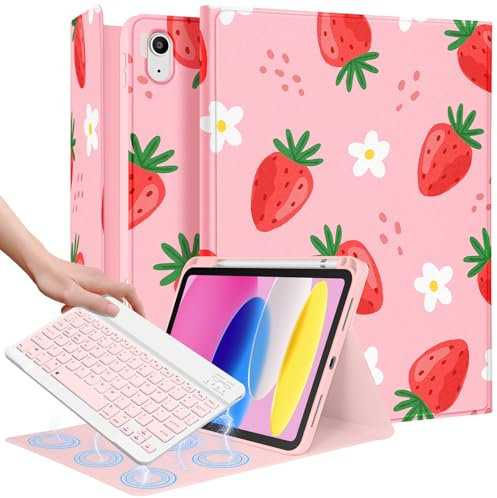 Wazzasoft Étui pour iPad 10e génération avec porte-crayon clavier 10,9 pouces, housse de tablette folio pour femmes et filles, adolescentes, motif fraise kawaii, design unique pour Apple Funda pour