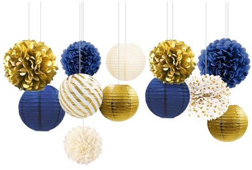NICROLANDEE Navyblau Gold Dekorationen, 12 Stück Hängende Papierlaternen Seidenpapier Pompons Deko für Abschlussball der Klasse 2024, Neujahr, Babyparty Deko, Geburtstag Deko