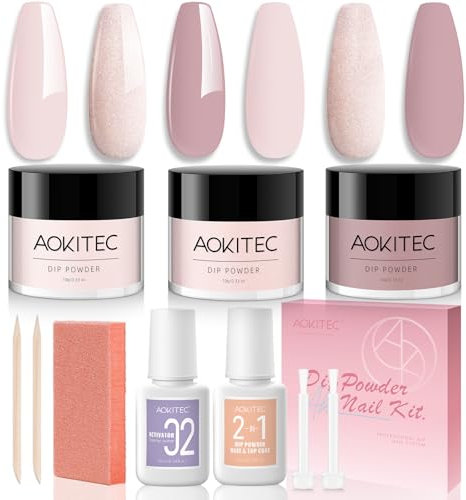 Aokitec 10 PCS Dip Powder Nail Kit - 3 Colours Light Nude Pink Nail Dipping Powder Kit Starter Kit with Dip 2-in-1 Dip Base & Top Coat Activator Nail Tools Dip Nail Starter Set for French Nails Art