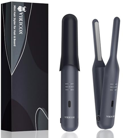 VIKICON Bartglätter für Männer, 2-in-1 Mini Haarglätter & Curler, Kabelloses Akku Glätteisen mit 3 Temperaturstufen, Glätteisen für Bart, Kurzhaar & Reisen(Schwarz)