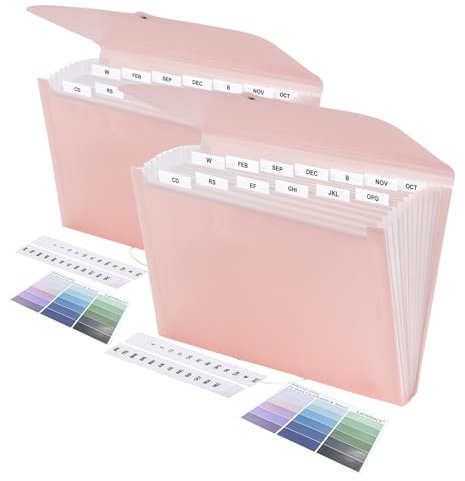 Lamitocs 2 Stück Dokumentenmappe A4, Dateiorganizer mit 13 Fächern und farbigen Etiketten, A4-Kunststoffmappe zur Dokumentenaufbewahrung für Schule, Büro und Zuhause,Rosa