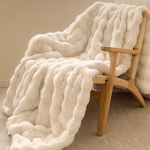 Kunstpelz-Decke aus Kaninchenimitat, luxuriöse weiche warme Bubble-Decke für Bett, Couch, Sofa, Beige, 203 X 230 cm