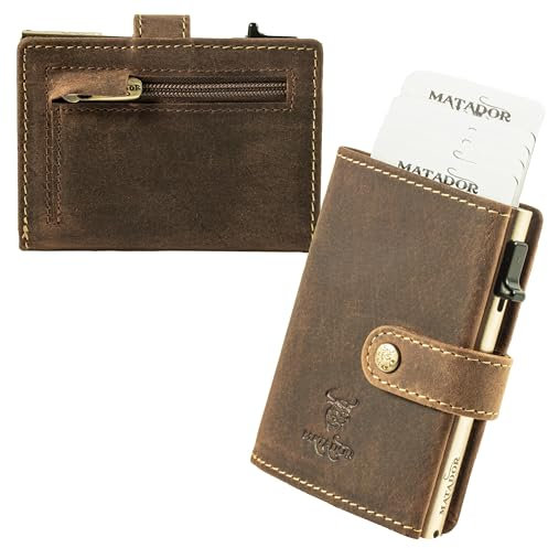 MATADOR Slim Wallet Miami – Leder Kreditkartenetui mit POP-UP Kartenhalter - mit RFID-Schutz & Münzfach - Mini Portemonnaie – kleine Geldbörse Männer mit Geschenk-Box Hunter Braun