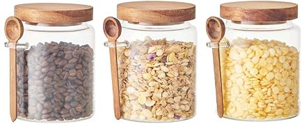 Eden & Willow Glass Kitchen Storage Jar with Acacia Lid and Wooden Spoon | Borosilicate Glass Food Canister with Spoon Holder | BPA-Free Mason Jar for Sugar, Spices, and Dry Foods (3, 0.6L)