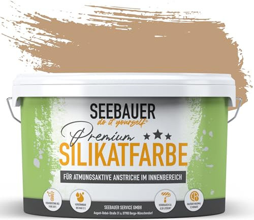 SEEBAUER diy Silikatfarbe Hellbraun 2,5L für Innen (No. 614 Beech Wood) Atmungsaktive Mineralfarbe für Allergiker - Abwaschbare Wandfarbe - Brauntöne hohe Deckkraft