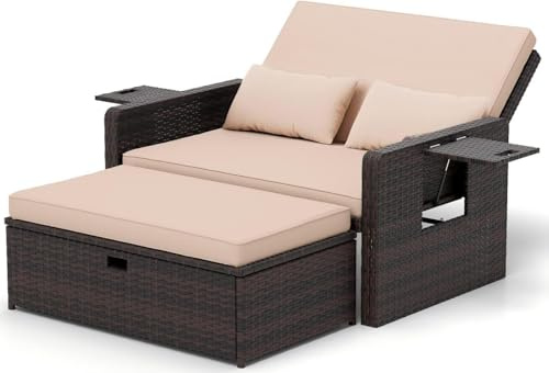 UDPATIO Garden Patio Rattan Daybed, Rattan Bed Sun Lounger with Storage Ottoman & Retractable Side Tray,5-Level Adjustable Backrest,Seat & Back Cushion Included, Brown+Black & Cream Cushions Covers