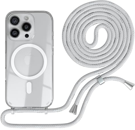 EAZY CASE - Handykette kompatibel mit iPhone 16 Pro Kette zum Umhängen Stoßfest Handyhülle für Apple iPhone 16 Pro Silikon Hülle mit Band Handytasche Transparent als Fallschutz in Weiß/Silber