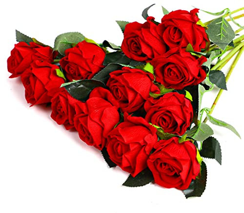 JOFONY Artificial Roses, 12PCS Champagne Silk Fake Red Rose Artificial Long Stem Silk Roses Flowers Bridal Wedding Bouquet Realistic Flower for Home Decor and Events(Red)