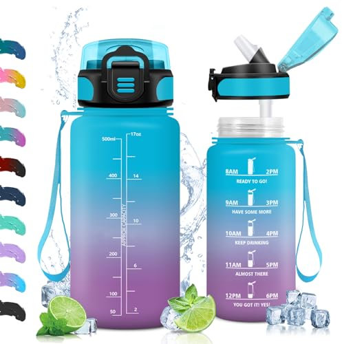 Vikaster Gourde Sport, Gourde avec Paille 500ml, sans BPA, Étanche & Réutilisable, Bouteille Enfant Ouvrir en Un Clic, Convient pour la Gym, Le Yoga, Le Camping, Randonnée