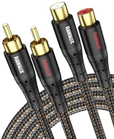 RAWAUX Cavo 2 RCA a 2 RCA, Cavo Audio Stereo da 2RCA Maschio a Femmina Placcato in Oro Cavi di Prolunga per Amplificatori, Home Cinema, TV e Sistemi HiFi (2RCA Prolunga - Nero, 1M)