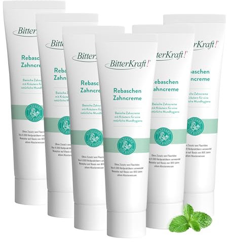 BitterKraft! Rebaschen-Zahncreme 6x 75ml – nach Hildegard von Bingen – basische Kräuterpflege mit Rebstock-Asche & Krauseminze – 100 % Natur– Made in Germany