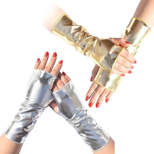 Pesoncarl Fingerlose Lederhandschuhe, 2 Paare Goth Punk Arm Warders, 9,1 x 3,5 Zoll Armwärmer, Lederfingerless -Handschuhe Frauen für Cosplay -Karnevalsparty, Silber + Gold