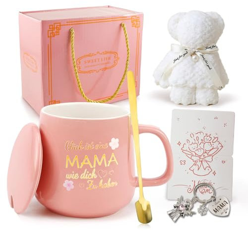 Muttertagsgeschenk Tasse Set,mit Tasse,Mama Schlüsselanhänger,Handgeschriebene Grußkarten,Handtuch,fur Beste Mama der Welt