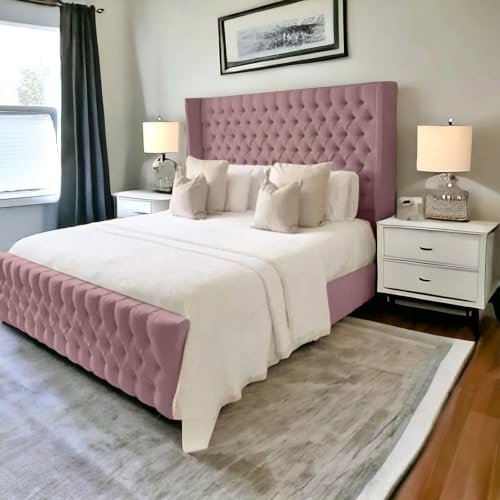 MOORCROFT BEDS 4FT6 Double Ottoman Storage Solid Divan Base Chesterfield Winged Bed Frame With Headboard Upholstered In Pink Plush Velvet End Lift - No Mattress (Pink, 4FT6 Double Bed Gas Lift)