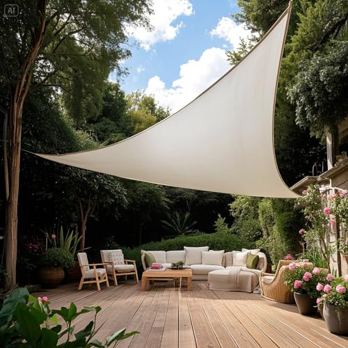 Sonnensegel Balkon Dreieck 4.8X4.8X4.8 M Creme, Premium HDPE UV Schutz Sonnenschutz Atmungsaktiv Wetterbeständig für Garten Balkon und Terrasse, Inkl Befestigungsseile