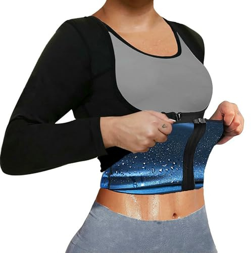 YQQZFWYH Corset Sauna Anzug Für Frauen Schweiß Körper Shaper Jacke Heiße Taille Trainer Langarm Reißverschluss Shirt Workout Top-blau-XXXL