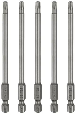QUARKZMAN 5 Stück T25 Torx Bit Set Schraubendreher Bitsatz 1/4 Zoll Sechskantschaft 100mm Lang Magnetisch Hex Sechskant Ohne Loch Spitze Bohrer Bits S2 Stahl für Torx Schrauben Werkzeug
