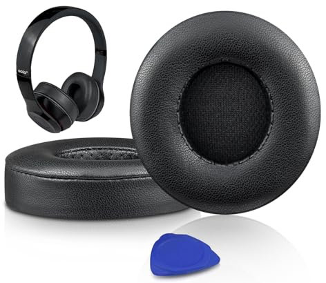 SoloWIT Lambskin Earpads Cushions Replacement for Beats Solo 2 & Solo 3 Wireless On-Ear Headphones, Solo2 Solo3 Ear Pads with High-Density Foam, Added Thickness - (Brilliant Black)