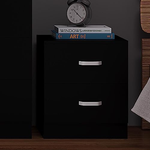 FWStyle Matt Black 2 Drawer Bedside Table - H47 X W40 X 39cm