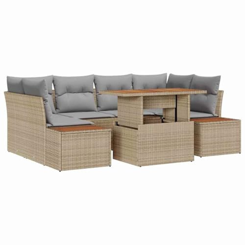 vidaXL Garten-Sofa-Set mit Speicher 7 pcs Beige Poly Rattan, Garten und Terrasse, modulares Essset, rechteckige Möbel, 6-Sitzer Sofa, für draußen, Patio-Arrangement