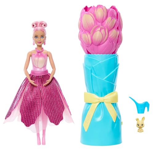 Barbie Petal Pop, Bambola Profumata con Accessori | Bambola di moda in abito tulipano, bouquet da rivelare, con coniglio incluso e sorprese, 3+, JMF57