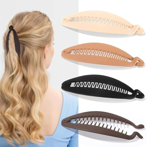 Xanthelle Banana Clip, 4er Pack Bananenspange Haare, Vintage Banana Hair Clip, Haarspange Banane für Damen, Flexibel für Dünnes & Dickes Haar, Hair Clip
