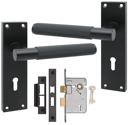 Golden Grace Knurled T-Bar Lock Door Handle, Matt Black, Key Lock Set | Includes spindles and screws for quick internal installation, with a 150mm x 40mm traditional plain edge metal backplate.