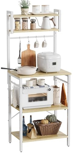 Bestier Scaffale da cucina in piedi, sottile, 60 x 42 x 148 cm, con 8 ganci, struttura in acciaio rustico, scaffale per microonde (bianco)