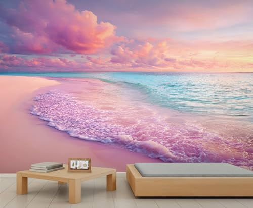 YEMYOR Beach Wallpaper Pink Ocean Mural Wallpaper for Living Room Bedroom Romantic Coast Wall Mural for Kitchen Restaurant Office-300x230cm