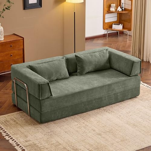 WENMEE Komfortables Schlafsofa, umwandelbares Bodensofa mit Kissen, Rückenlehne und Armlehnen, Bequeme Futon-Couch, Liege und Bett in einem(Green,150x100x75cm)