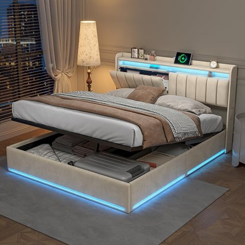 KRYZOR Cama Matrimonio Cama 140x200 cm con USB y Iluminación LED, Camas matrimoniales con Almacenamiento Hidráulico, Cama tapizada con Somier de Láminas (Beige-a, 140x200 cm)