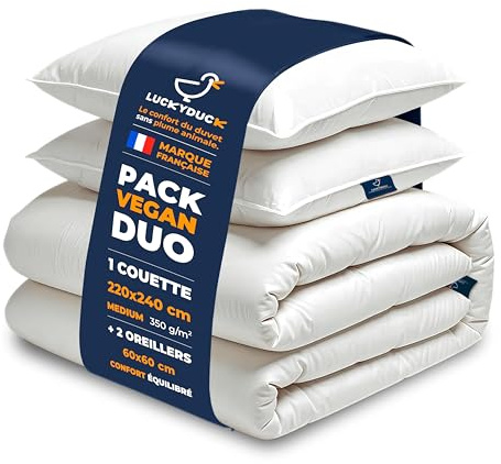 LUCKY DUCK Bettwäsche-Set Komfort – mittelgroße Bettdecke 220 x 240 cm + 2 Kissen 60 x 60 cm – Perkal 100 % weiße Baumwolle, weich & atmungsaktiv – Füllung Mikrofaser I Loft hohe Dichte