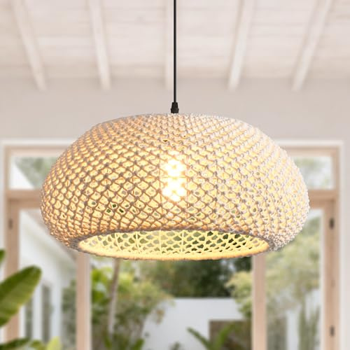 Parrot Uncle Boho Baumwollgarn Pendelleuchte, 48cm Natürlicher Baumwollschirm, Eisengestell, Höhenverstellbar, E27-Fassung für Esszimmer, Wohnzimmer, Schlafzimmer (keine Glühbirne) [Energieklasse A]