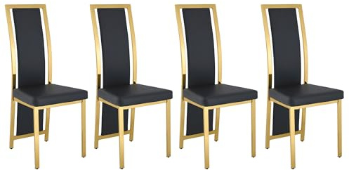 SEEDWAVE Esszimmerstühle 4er Set, Küchenstuhl mit gebogener hoher Rückenlehne, PU-Leder Sitzfläche, Metallrahmen, Metallstuhlbeine und verstellbaren Fußgleitern (4, Schwarz/goldenen Beinen)