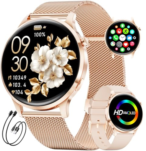 HIRREO Smartwatch Damen mit Telefonfunktion, 1.32 AMOLED Fitnessuhr Smart Watch, 100+ Sportmodi Herzfrequenz Schlafmonitor Schrittzähler Uhr Damen, IP68 Wasserdicht Sportuhr für iOS Android (Gold)