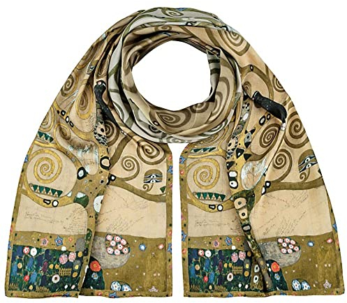 VON LILIENFELD Schal Damen 100% Seide Gustav Klimt: Lebensbaum Motiv Halstuch Seidenschal Seidentuch Kanten handgerollt 172 x 42 cm