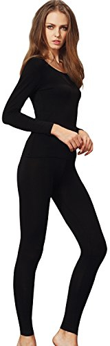 Liang Rou women's U-cut stretch thin underwear set, leggings and long-sleeved shirt - Black - Medium