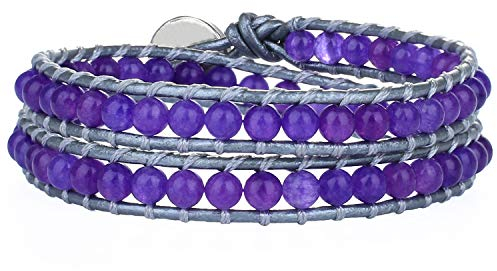 KELITCH Synthetisch Achat Rund Perlen aus Grau Leder 2 Wicklen Armband Handmade Neu Sommer Armreifen