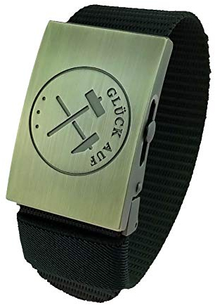 GravurManufakturBerlin Hosengürtel Bergbau Glück Auf Handwerk Zunftzeichen Textilgürtel 4 cm breit Einheitslänge kürzbar