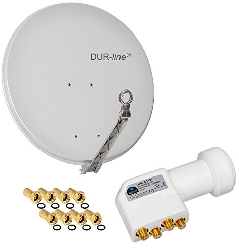 HB Digital 4 Teilnehmer SET - Dur-Line Select ALU SAT Anlage 75/80cm Spiegel Schüssel Hellgrau + Quad LNB Weiß zum Empfang von DVB-S/S2 Full HD 3D Ultra HD (UHD) Signale auf bis zu 4 Receiver + 8 Stecker Gratis dazu im SET