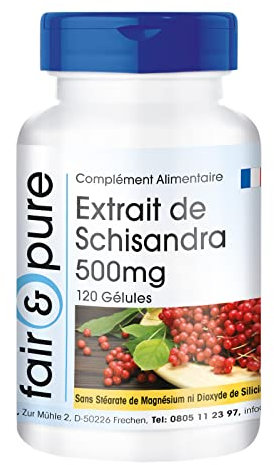 Fair & Pure® - Schisandra - Polvo en Cápsulas - Extracto de Schisandra chinensis 500mg - Vegano - 9% de Schisandrina - 120 Cápsulas