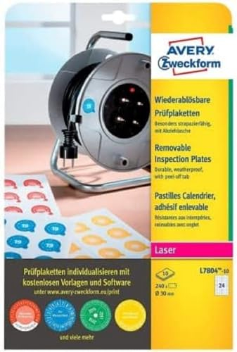 AVERY Zweckform L7804-10 Prüfplaketten (240 Aufkleber, Ø30mm auf A4, selbstklebend, widerstandsfähig/wetterfest, ablösbare Folie mit Abziehlasche, bedruckbare Prüfetiketten, blanko) 10 Blatt, weiß