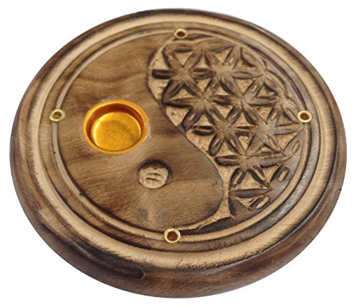 Yin Yang - Blume des Lebens Holz rund 10 cm, Räucherstäbchenhalter