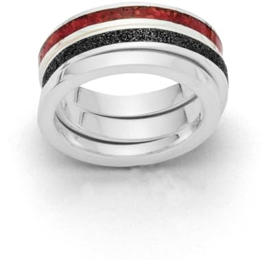 DUR Erde und Feuer Damen Ring aus 925 Sterling Silber mit Lavasand und Koralle veredelt, Größe: 58, Silber/Schwarz/Rot, R498758