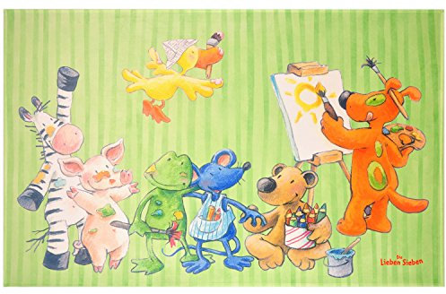 Die Lieben Sieben Kinderteppich Weich und Soft, 100x160 cm Farbe Grün Teppich mit Bildmotiv für Jungen und Mädchen, Kinderzimmer-Teppich Öko-Tex zertifiziert