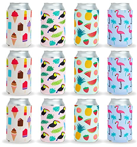 12 Pack Tropical Neoprene Can Cooler Sleeves for Beer, Bottles, Soft Drinks, Soda Covers for Beach, Summer Pool Parties (4 Designs, 12 oz)