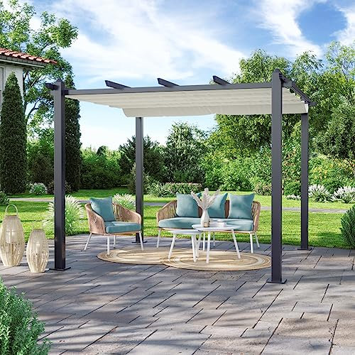Avril Paris Tonnelle/Pergola Aluminium 3x3m Toile coulissante rétractable - Gris Ecru-Hero